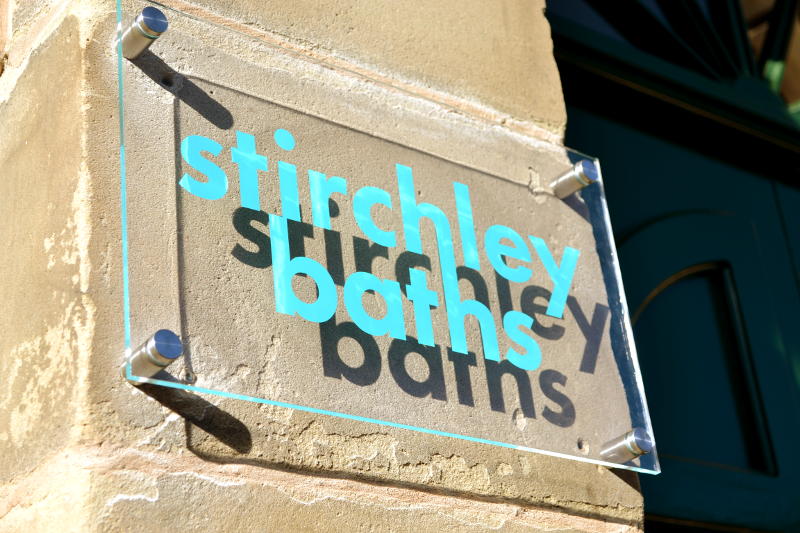 Signage outside the front door of Stirchley Baths Signage outside the front door of Stirchley Baths