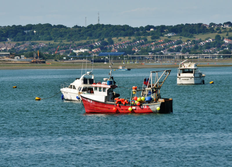 Small boats on the sea, with land and rows of houses on the other side