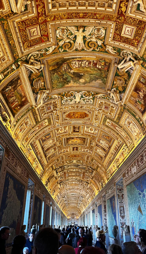 A long gallery with a huge curved ceiling, covered with patterns and paintings with gold as the dominant colour